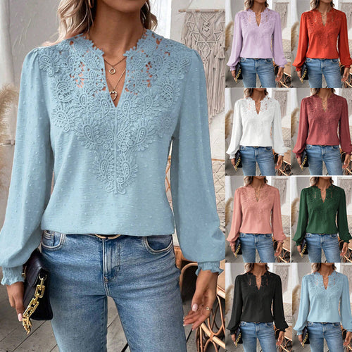 Damen Spitzenbluse mit V-Ausschnitt, Schweizer Punktstruktur und gerafften Manschetten Shop Nory