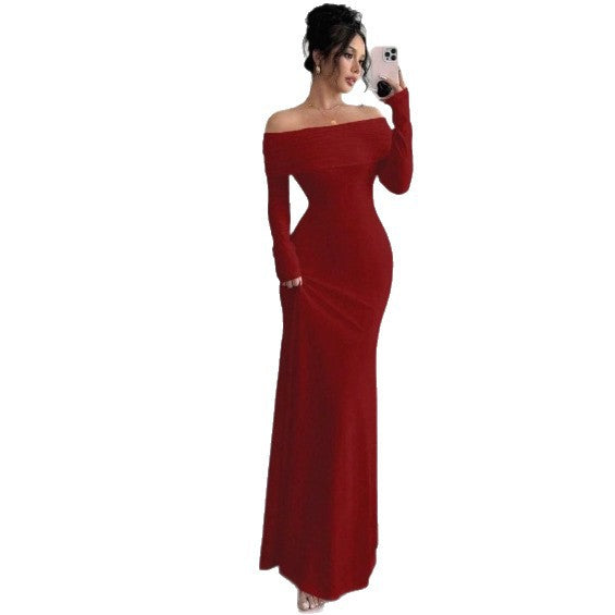 Damen Elegantes Off-Shoulder-Maxikleid mit figurbetontem Schnitt und langen Ärmeln