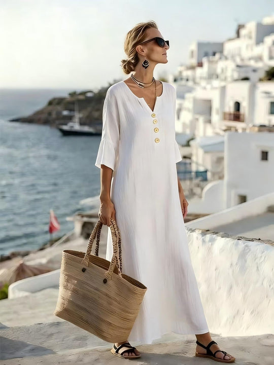 Frauen Relaxed V-Ausschnitt Knopf-Front Maxi Kaftan Kleid Shop Nory