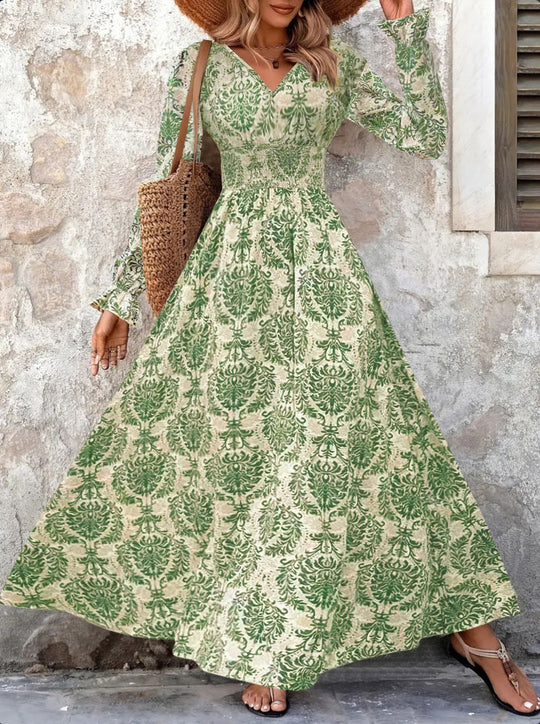Damen Fließendes Maxikleid mit geraffter Smock-Taille, Trompetenärmeln und ornamentalem Druck Shop Nory