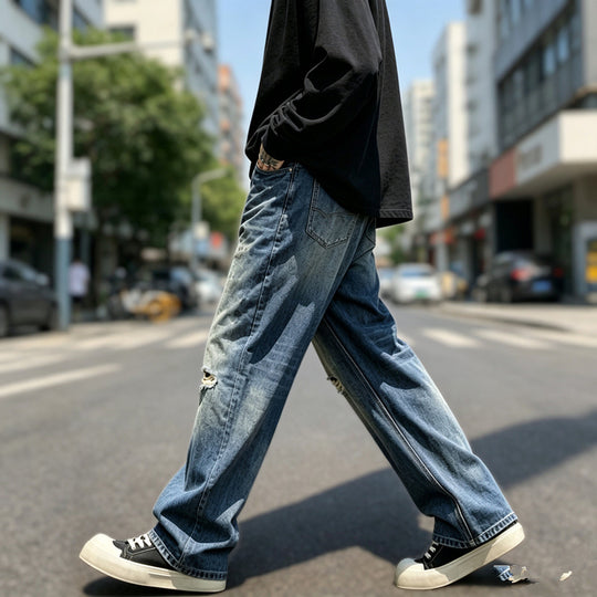Herren Lässige Weit Geschnittene Ripped Jeans Shop Nory