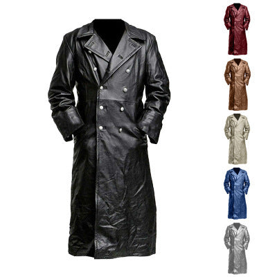 Herren Doppelreihiger Ledermantel im Trenchcoat‑Stil mit schmaler Taille Shop Nory