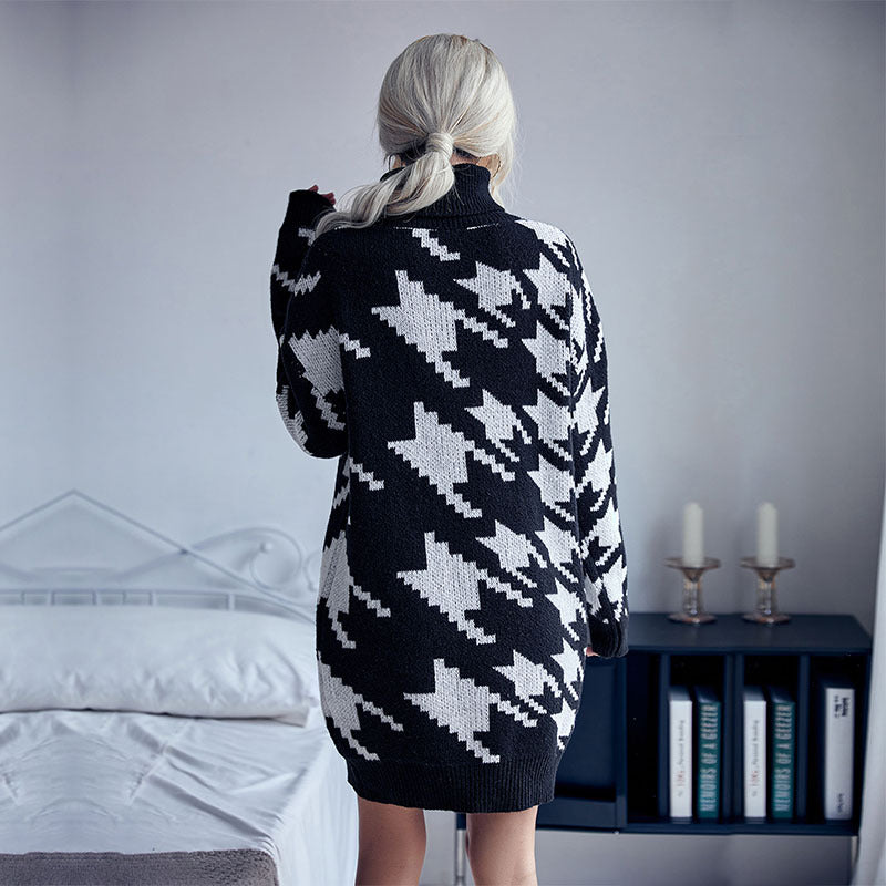 Damen Strick-Minikleid mit Hahnentritt-Jacquard, Rollkragen und taillenbetonter Gürteloptik Shop Nory