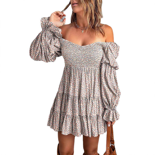 Damen Off-Shoulder Minikleid mit Smok-Oberteil, Volantstufen und gerafften Ballonärmeln Shop Nory