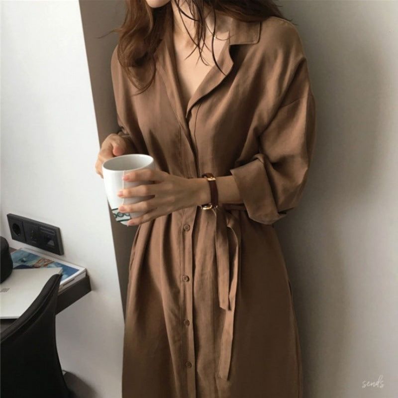 Damen Hemdblusenkleid mit Bindegürtel und lässigen Dreiviertelärmeln Shop Nory