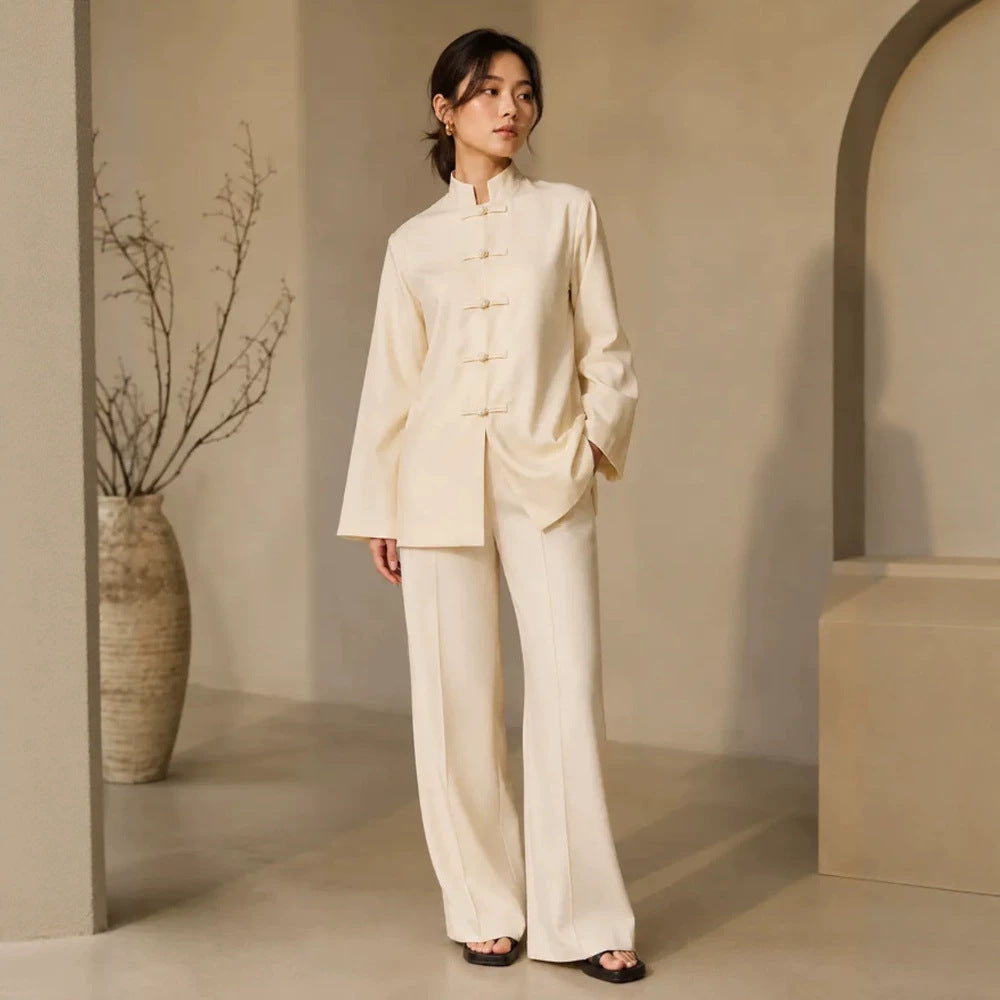 Damen Mandarin-Kragen Tunikajacke mit Knotenverschlüssen und weiter Palazzo-Hose Shop Nory