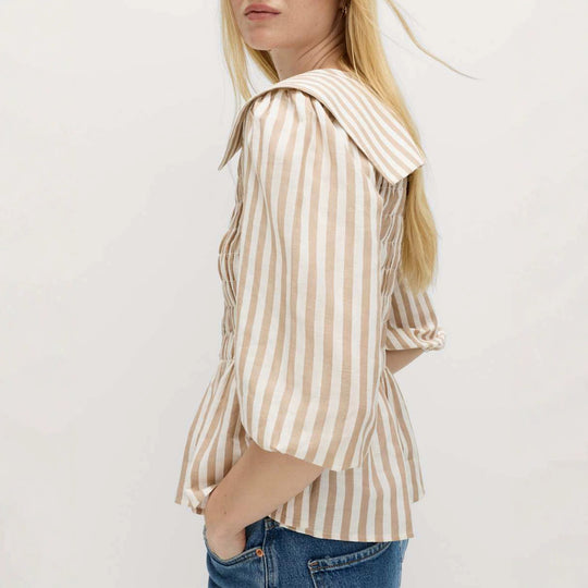 Damen Gestreifte Bluse mit Smok-Büste, großem Reverskragen und Puffärmeln Shop Nory