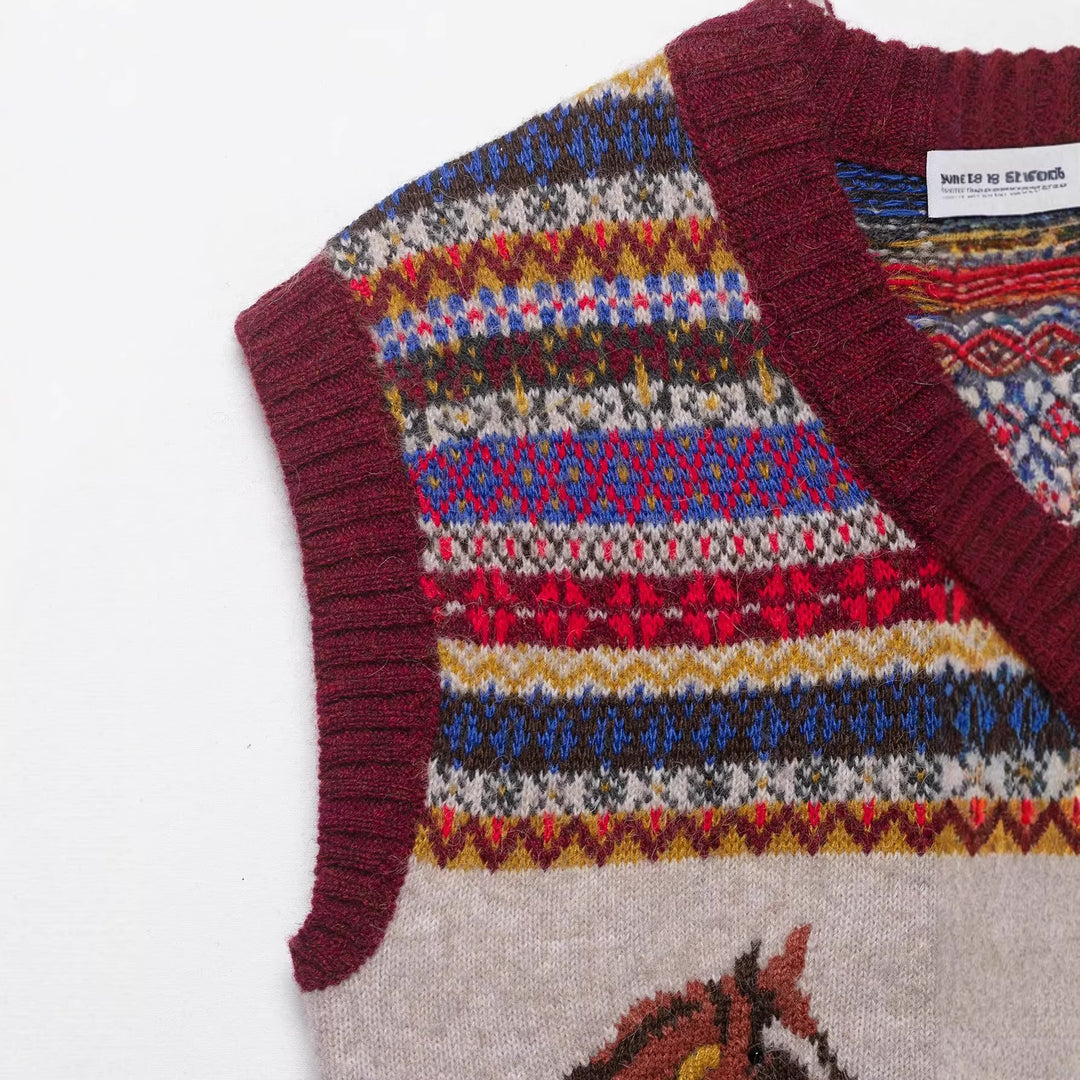 Damen Strickweste mit Norweger‑Muster, V‑Ausschnitt und Pferdeintarsien Shop Nory