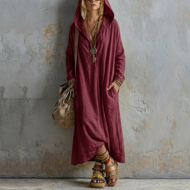 Damen Langes Kapuzenkleid im Boho-Look mit V-Ausschnitt, Eingrifftaschen und lockerem Fall Shop Nory