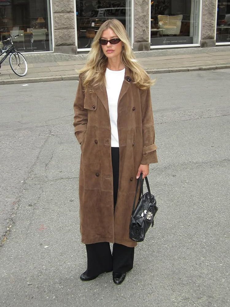 Damen Langer Wildleder‑Trenchcoat mit doppelreihiger Knopfleiste Shop Nory