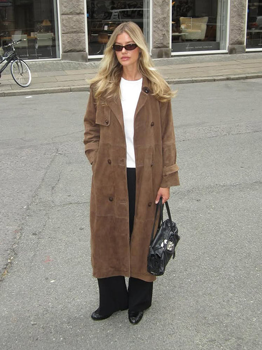 Damen Langer Wildleder‑Trenchcoat mit doppelreihiger Knopfleiste Shop Nory