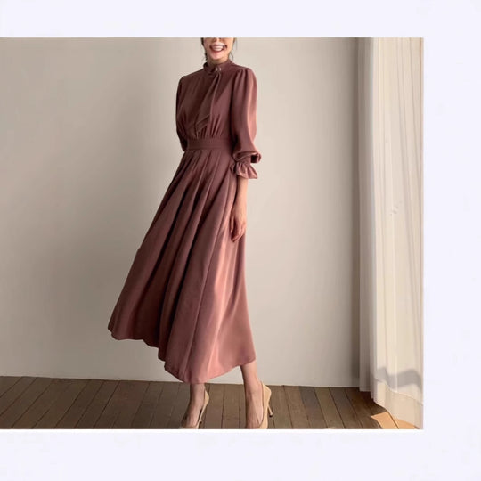 Damen Midikleid mit Stehkragen, Schleifenblende und geraffter Taille Shop Nory