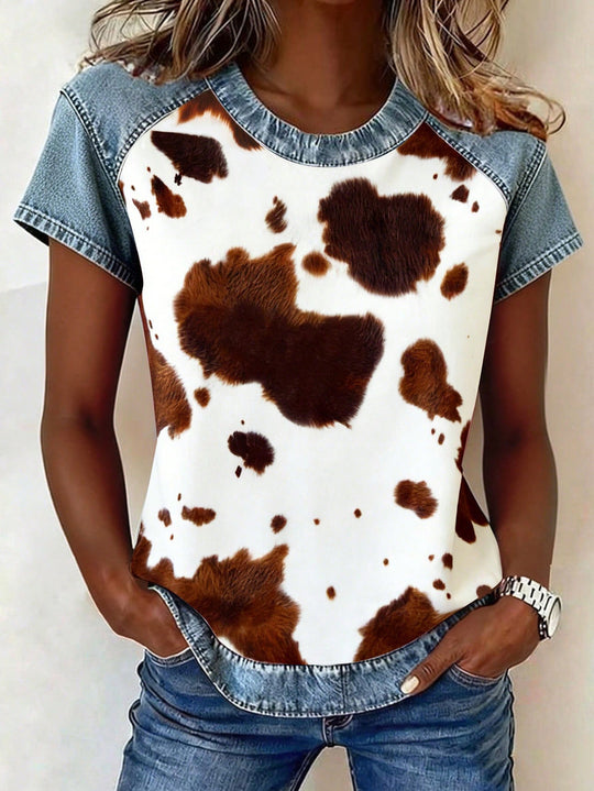 Damen Kurzarmshirt mit Jeans-Einsätzen und Teddy-Patchprint Shop Nory