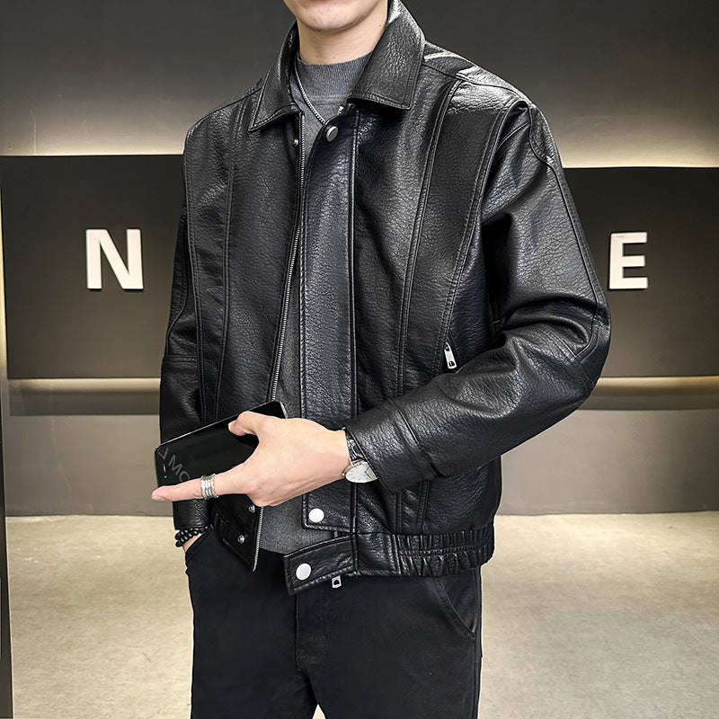 Herren Kurzer Oversized Lederimitat-Blouson mit Stehkragen, Reißverschluss und elastischem Saum Shop Nory