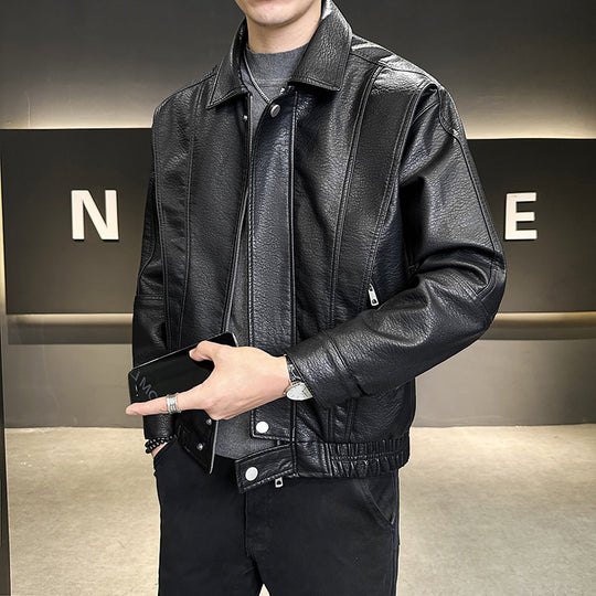 Herren Kurzer Oversized Lederimitat-Blouson mit Stehkragen, Reißverschluss und elastischem Saum Shop Nory