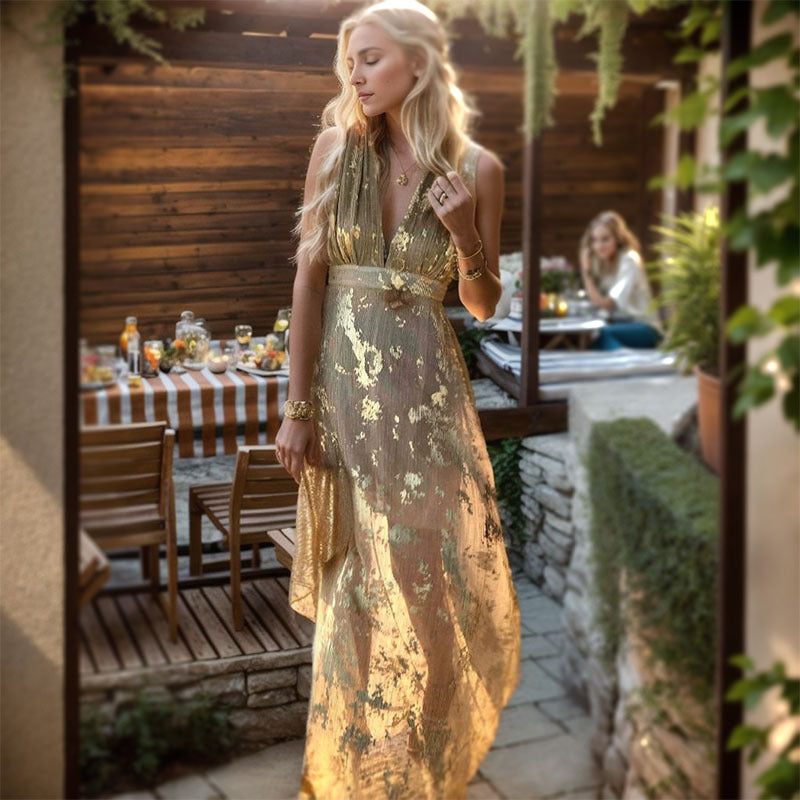 Damen Elegantes Maxi-Kleid mit filigranem Goldmuster und V-Ausschnitt