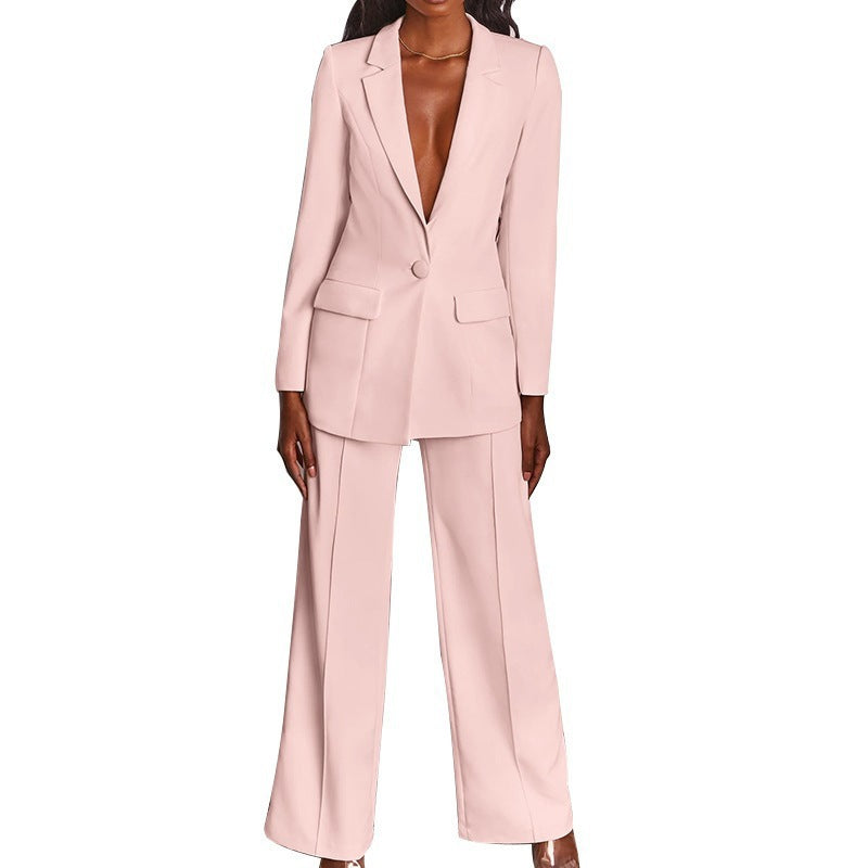 Damen nan eleganter Longline-Blazer mit tiefem V-Ausschnitt und weitem Palazzo-Hosenanzug Shop Nory
