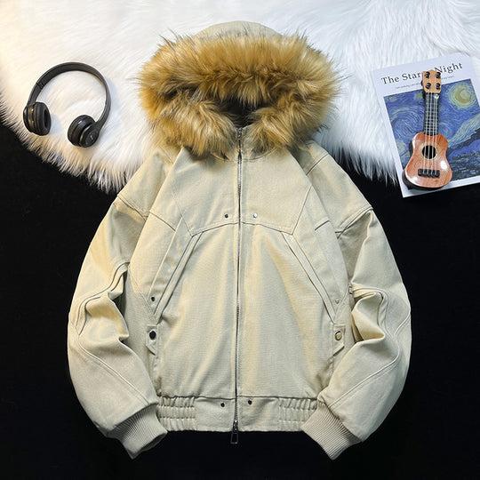 Unisex Wattierte Bomberjacke mit großer Kapuze und Kunstfellbesatz Shop Nory
