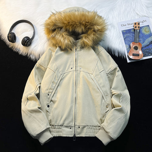 Unisex Wattierte Bomberjacke mit großer Kapuze und Kunstfellbesatz Shop Nory