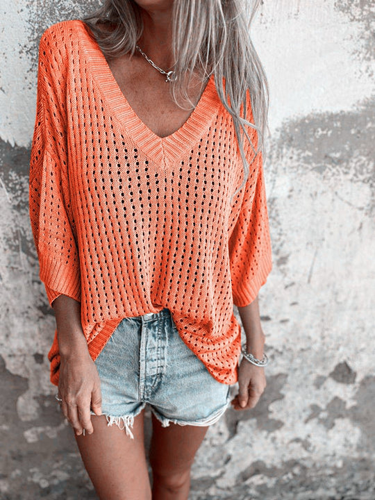 Damen nan luftig gestrickter V-Ausschnitt Pullover im Oversize-Schnitt Shop Nory