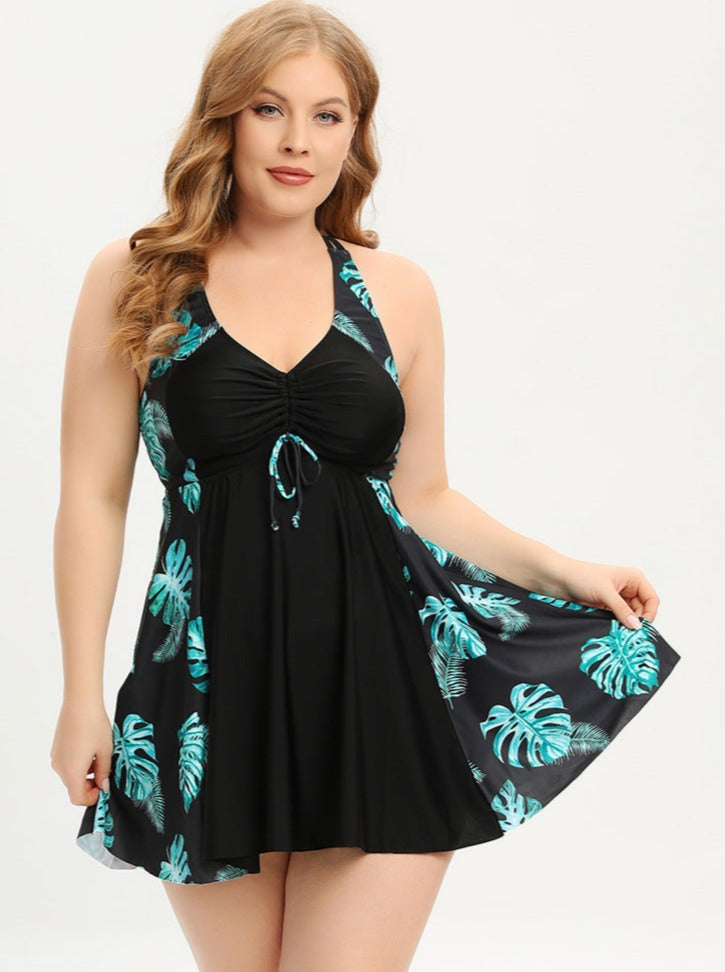 Plus Size V-Ausschnitt Badeanzugkleid mit Kreuzträgern