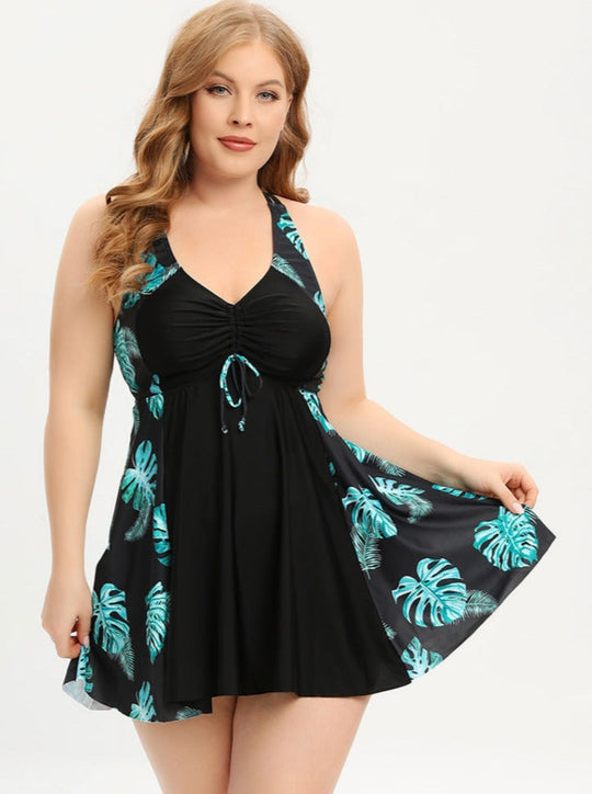 Plus Size V-Ausschnitt Badeanzugkleid mit Kreuzträgern