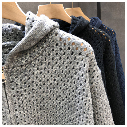 Unisex Leichte Lochstrick-Kapuzenzipjacke mit Ajourmuster Shop Nory