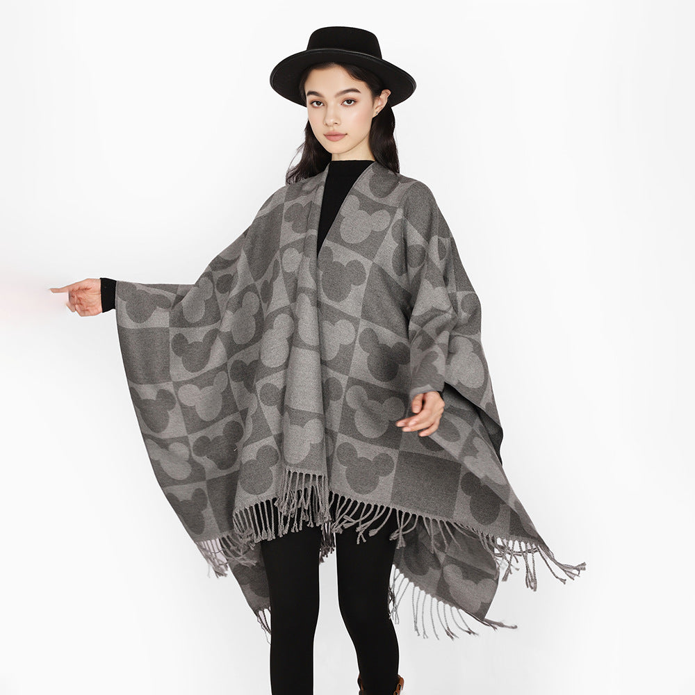 Damen Jacquard‑Überwurfponcho mit figurativem Kopf‑Silhouetten‑Muster, Fransen und offenem Fall Shop Nory