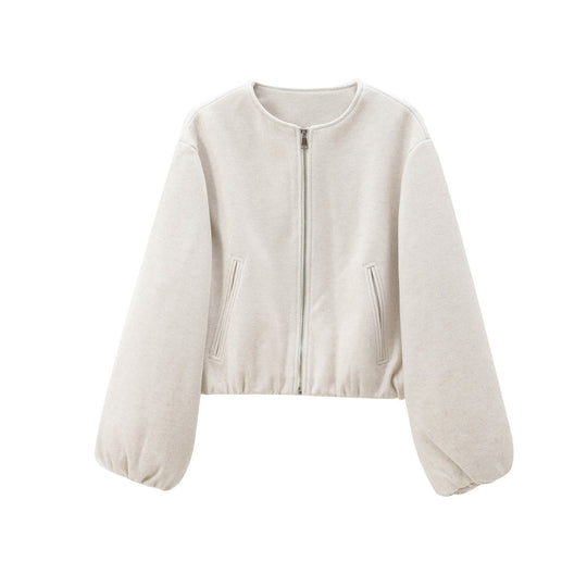 Damen nan kurze Wollmix-Bomberjacke mit Rundhalsausschnitt, verdecktem Reißverschluss, elastischem Saum und überschnittenen Ärmeln Shop Nory
