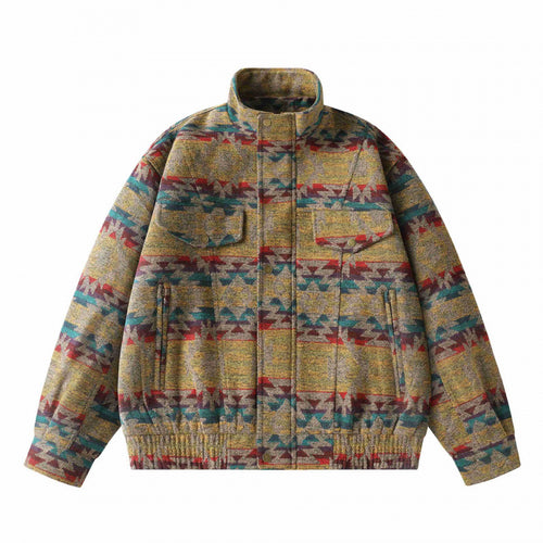 Unisex Kastenförmige Jacquard-Wolljacke im Bomberstil mit Stehkragen, Pattentaschen und elastischem Saum Shop Nory