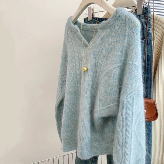 Damen Oversize Mohair-Optik Zopfmusterpullover mit V‑Ausschnitt und überschnittener Schulter Shop Nory