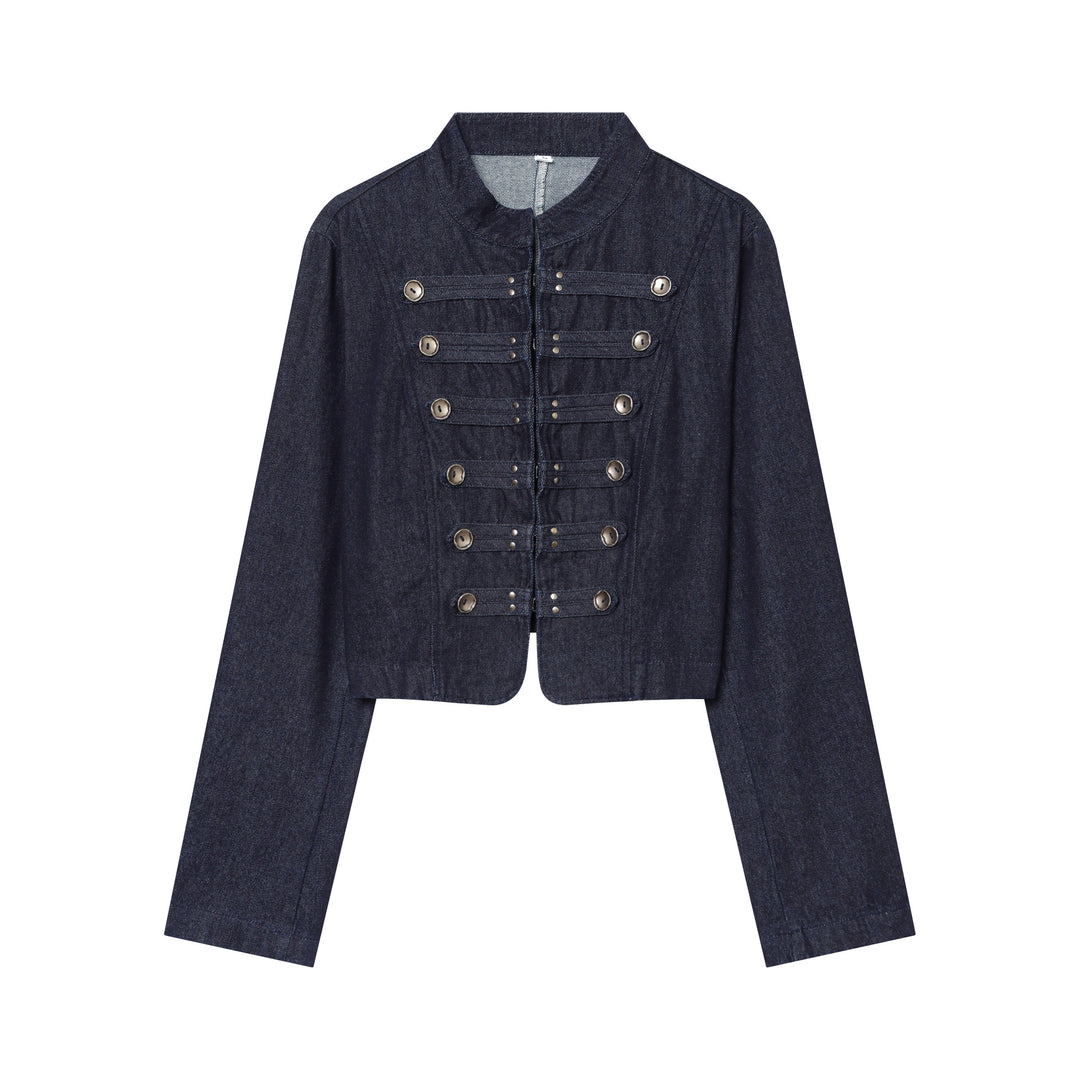 Damen Cropped Denim‑Militärjacke mit Stehkragen und dekorischer Zierknopfleiste Shop Nory