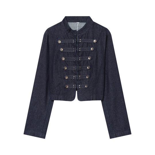 Damen Cropped Denim‑Militärjacke mit Stehkragen und dekorischer Zierknopfleiste Shop Nory