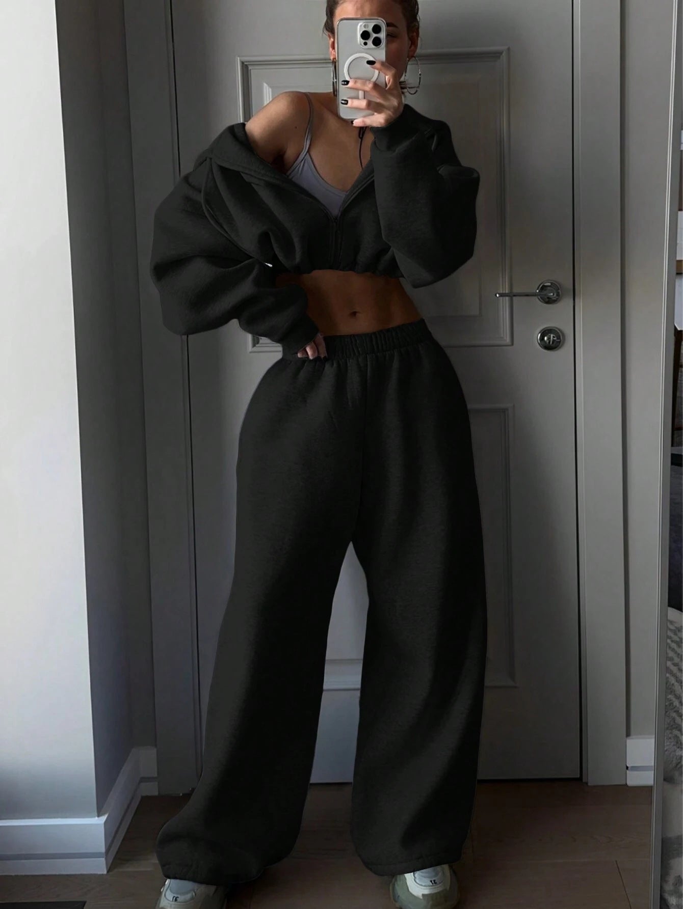 Damen lässiges Cropped Sweat-Set mit voluminösen Ärmeln und weitem Schnitt