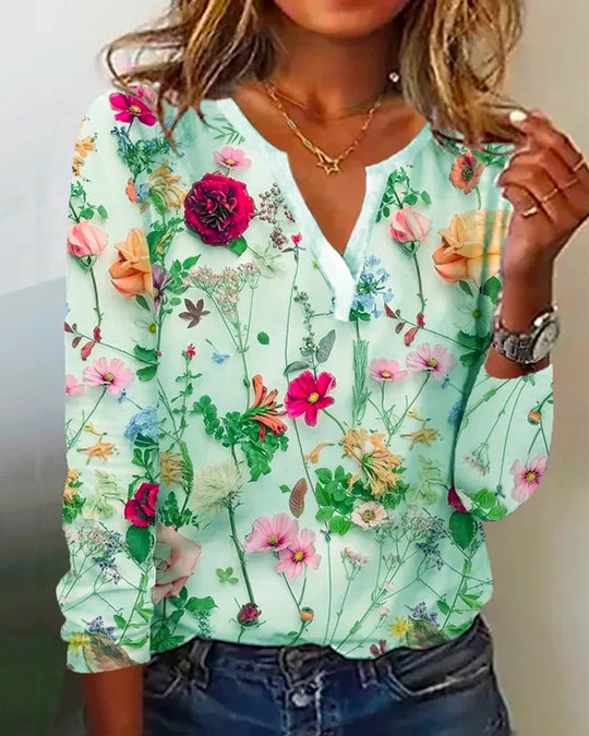 Damen Floral Lange Bluse im Chiffon-Look mit V-Schlitz und Lässiger Silhouette Shop Nory