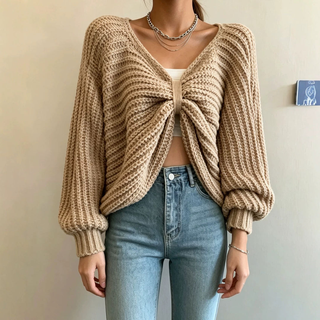 Damen Cropped Strickcardigan mit Knotendetail und Ballonärmeln Shop Nory