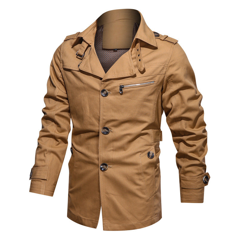 Herren Kurzer Trenchcoat im Utility-Fieldstil mit Stehkragen und Reißverschluss-Brusttasche Shop Nory