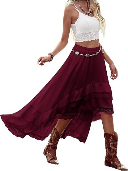Damen Boho Maxi-Rock mit asymmetrischem Saum und Spitzenverzierungen