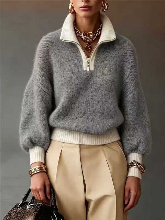 Damen Flauschiger Pullover mit halbem Reißverschluss, Stehkragen und Ballonärmeln Shop Nory