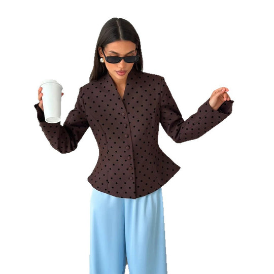 Damen Taillierter Stehkragen-Blazer mit Punktmuster und verdeckter Knopfleiste Shop Nory