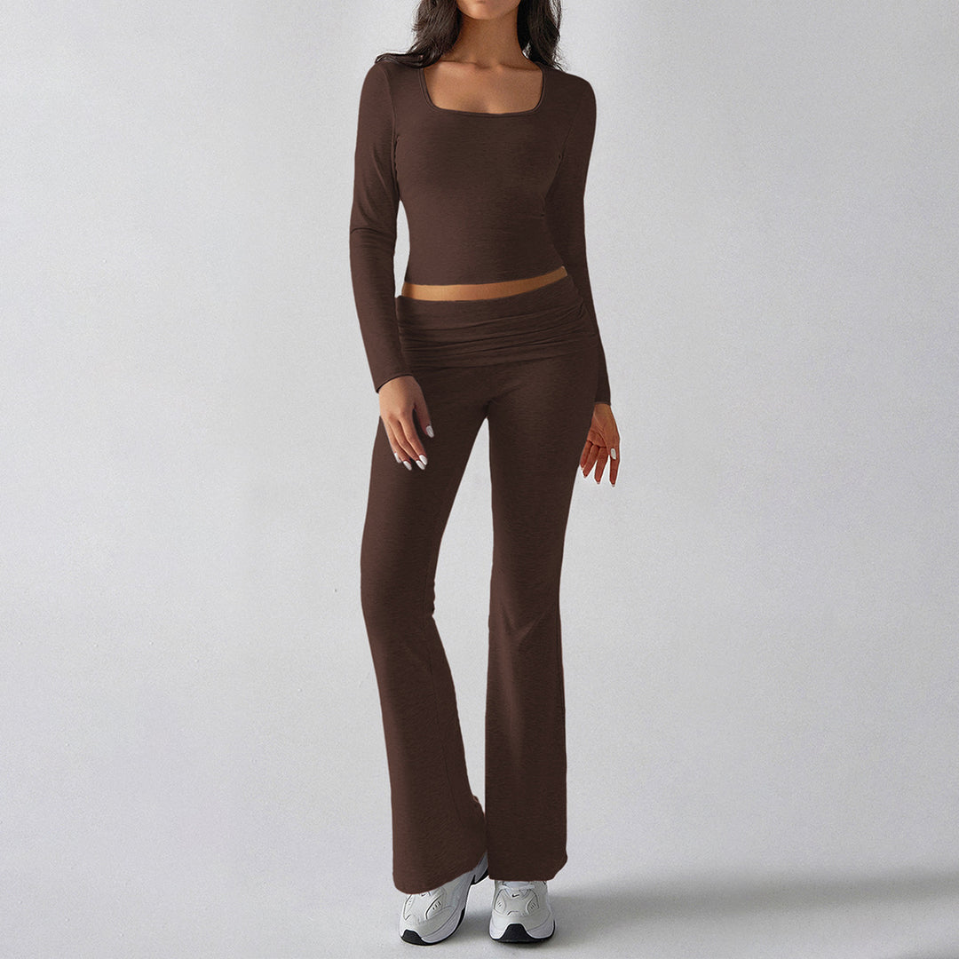 Damen nan figurbetontes Cropped-Set mit langärmeligem Top mit quadratischem Ausschnitt und ausgestellter High‑Waist Yoga-Hose Shop Nory