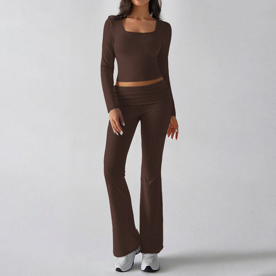 Damen nan figurbetontes Cropped-Set mit langärmeligem Top mit quadratischem Ausschnitt und ausgestellter High‑Waist Yoga-Hose Shop Nory