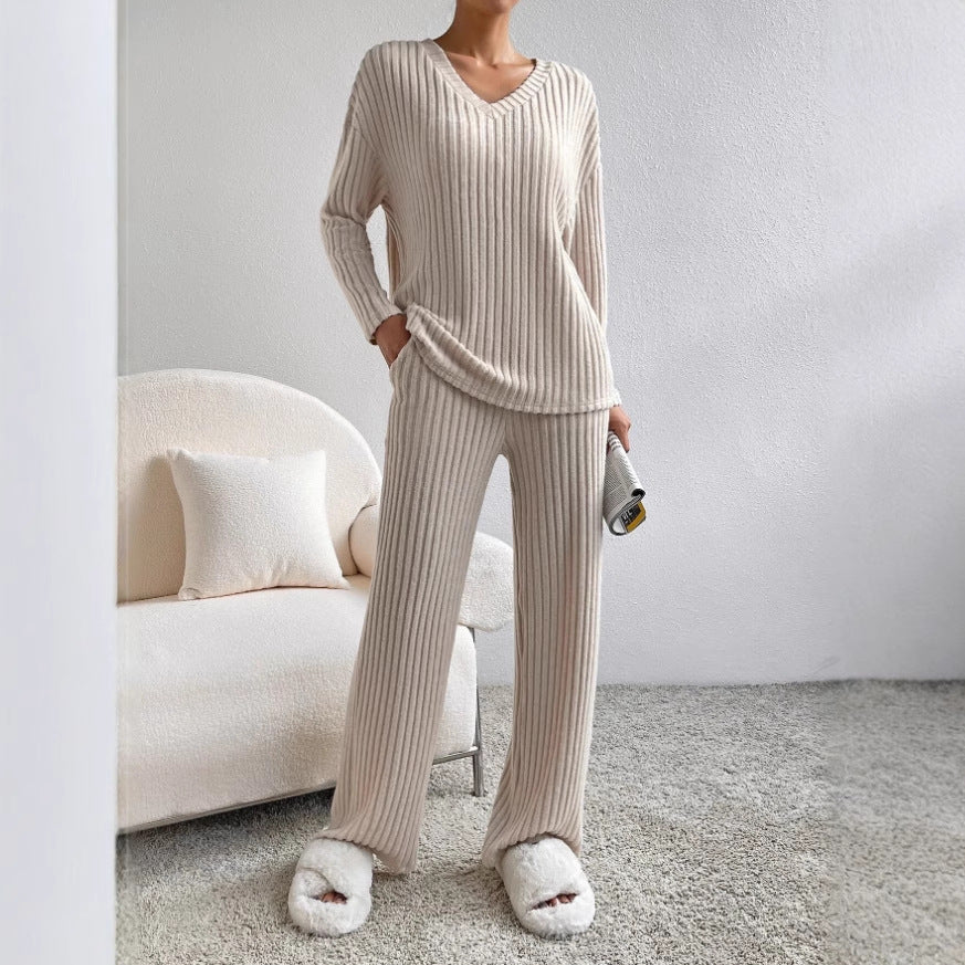 Frauen Rippstrick Lounge Set aus weichem Strick mit V-Ausschnitt und weitem Bein Shop Nory