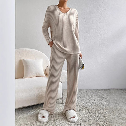 Frauen Rippstrick Lounge Set aus weichem Strick mit V-Ausschnitt und weitem Bein Shop Nory