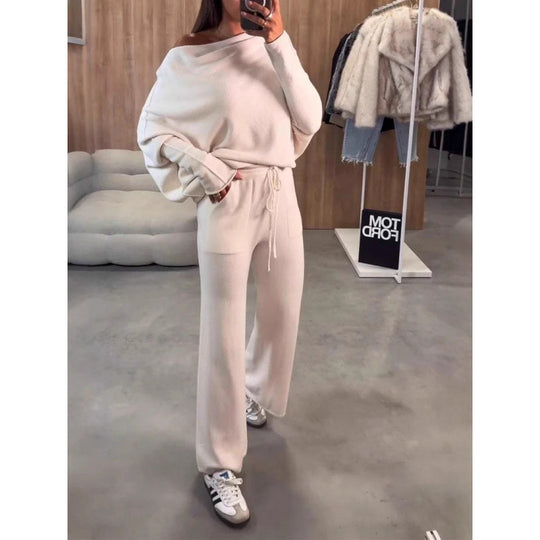 Damen Strick-Loungewear-Set mit Oversize-Schulter, weitem Bein und Kordelzug Shop Nory
