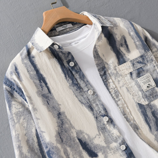 Herren Lockeres Hemdjacken-Overshirt aus Leinen-Baumwollmix mit abstraktem Brush‑Print und Kentkragen Shop Nory