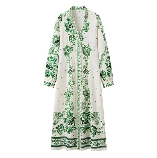 Damen Maxi-Kleid im Boho-Hemdstil mit Stehkragen und durchgehender Knopfleiste Shop Nory