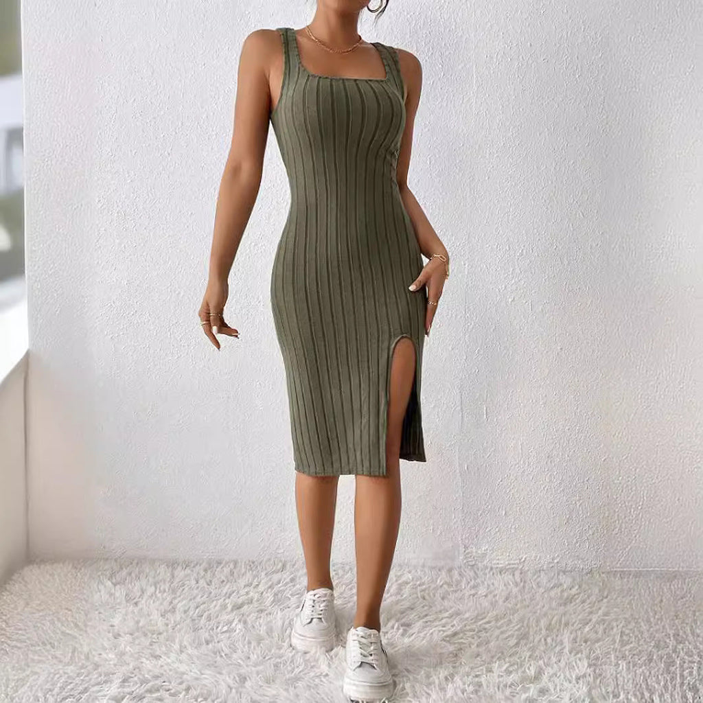 Damen Enganliegendes Ripp-Kleid mit Seitenschlitz und Spaghetti-Trägern Shopnory