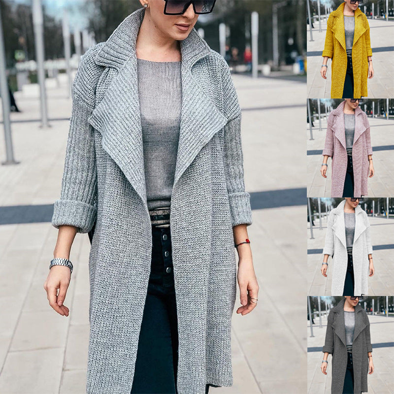 Damen Langer Offener Strickmantel mit Schalkragen und Umschlagärmeln Shop Nory
