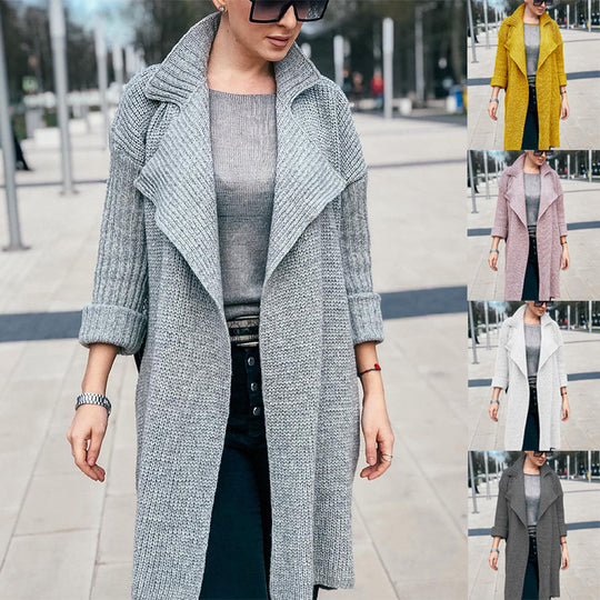 Damen Langer Offener Strickmantel mit Schalkragen und Umschlagärmeln Shop Nory